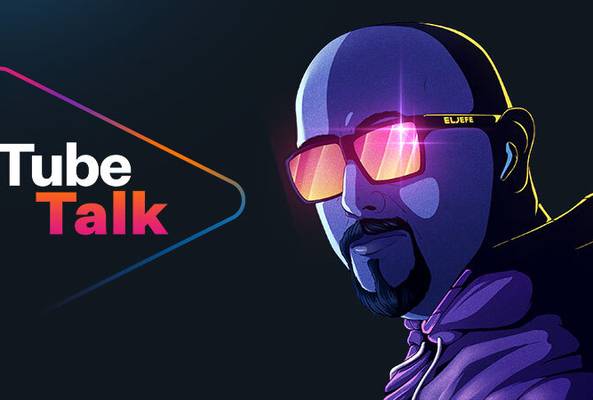 Illustration of a man wearing reflective sunglasses next to colorful Tube Talk logo on dark background