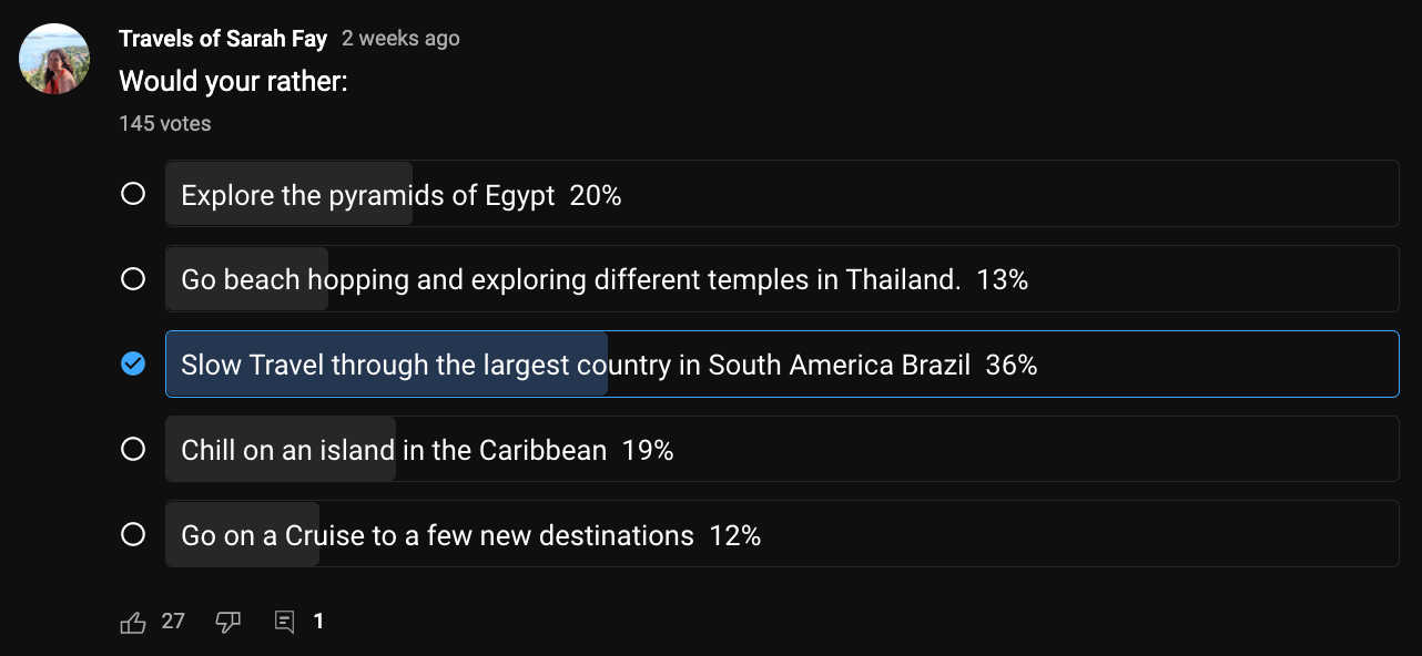 Poll showing travel preferences including Egypt pyramids, Thailand temples, Brazil slow travel, Caribbean island, and cruises.
