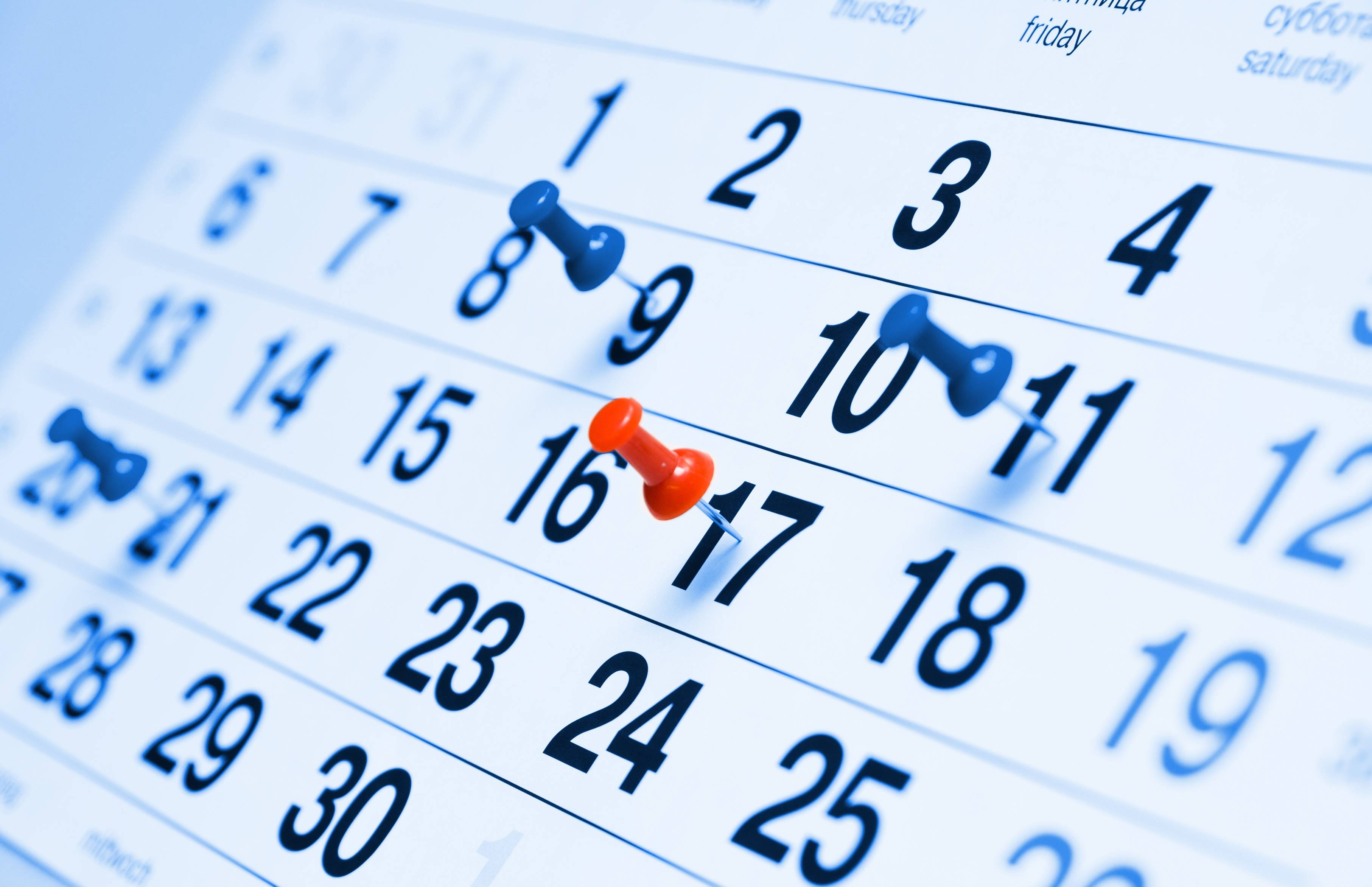 a 30 day calendar with pushpins