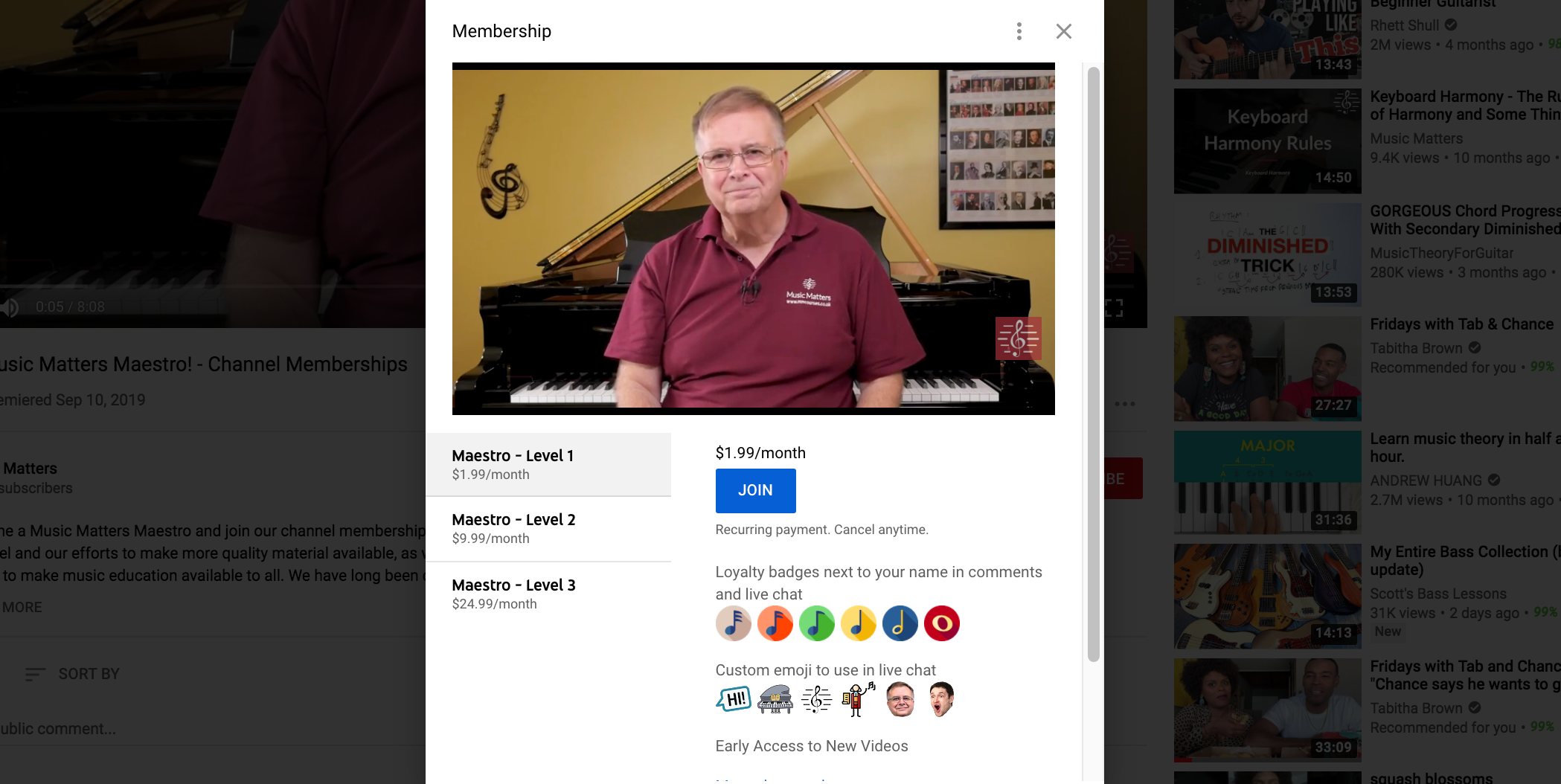Man in Music Matters shirt promoting YouTube membership options and benefits by piano