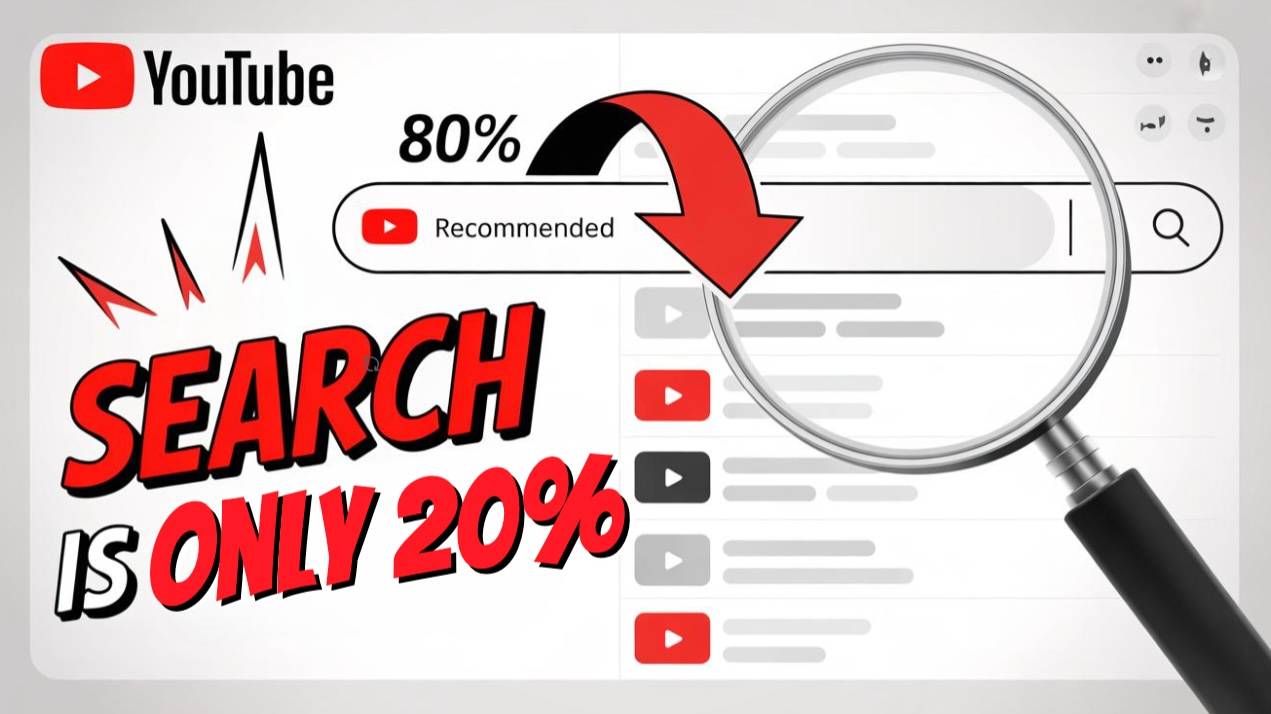 YouTube search bar with a magnifying glass. 80% of views coming from recommended, and text saying "Search is only 20%" of views