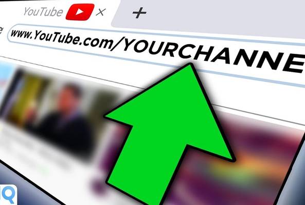 Browser window showing YouTube URL with a large green arrow pointing to the channel link