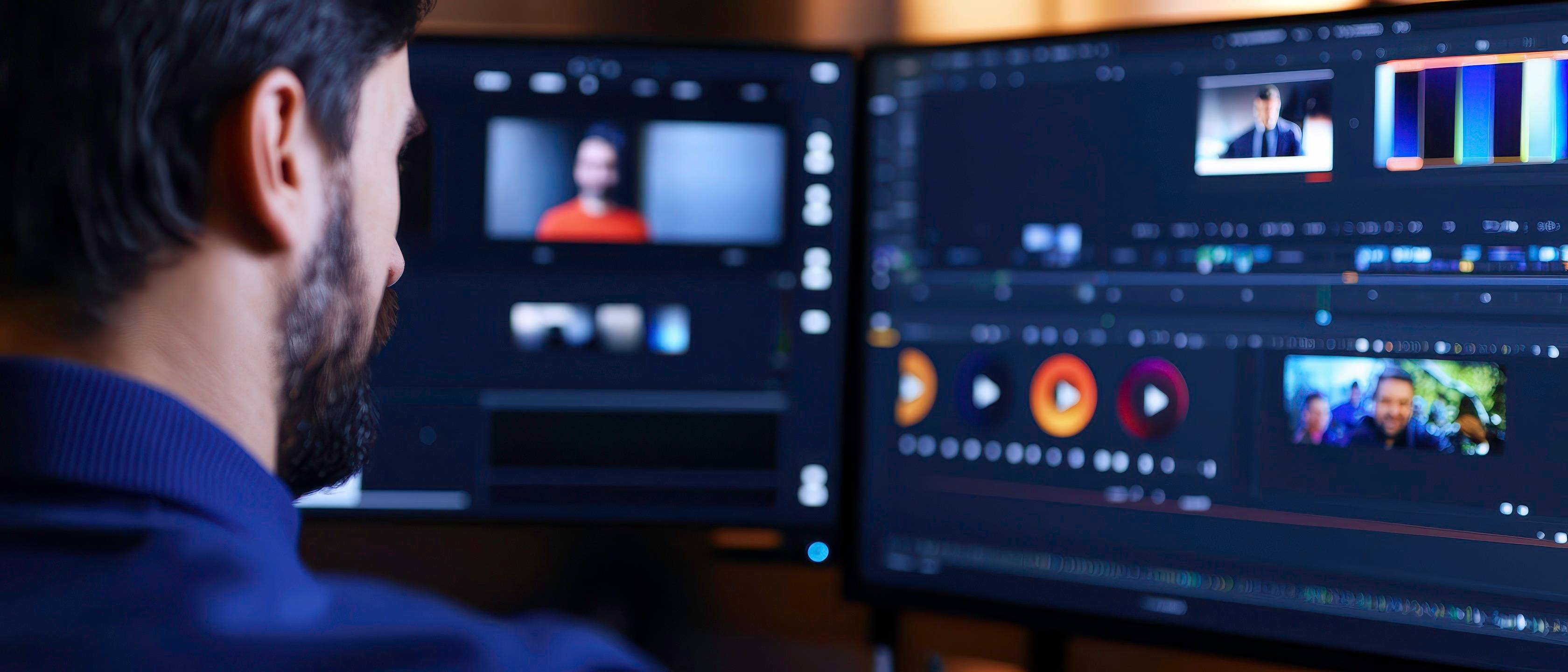 Man editing video clips on PC