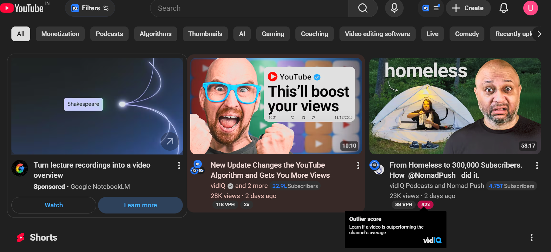 vidIQ Outlier tool on YouTube homepage