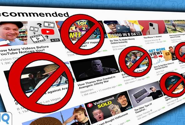 YouTube recommended videos with red prohibition symbols over multiple thumbnails and titles.
