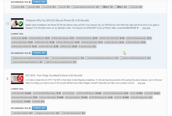 Tags and recommended keywords for iPhone SE and HTC M10 video reviews on a content platform
