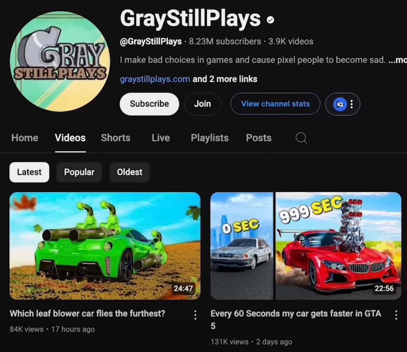 A screenshot of GrayStillPlays YouTube Channel.