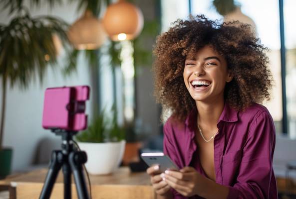 Young woman smiling and recording video with smartphone on tripod indoors at home