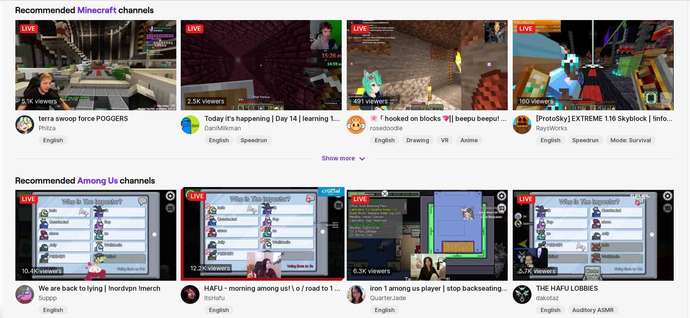Live Twitch streams showing recommended Minecraft and Among Us gaming channels with viewer counts