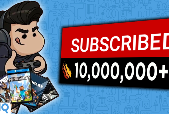 Cartoon gamer with headset and popular game covers celebrating 10 million+ YouTube subscribers.