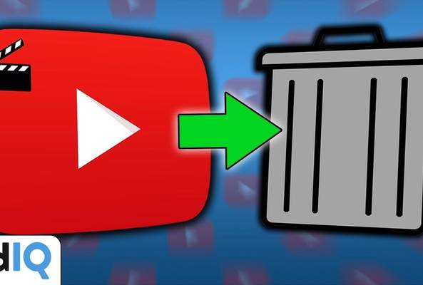YouTube logo with green arrow pointing to a trash bin, symbolizing video deletion.