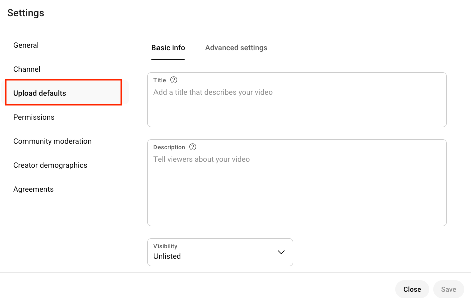 upload defaults section in youtube studio