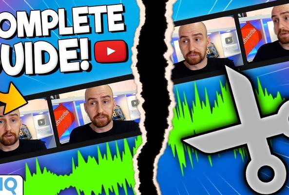 Complete guide to YouTube video editing with scissors and audio wave visuals.