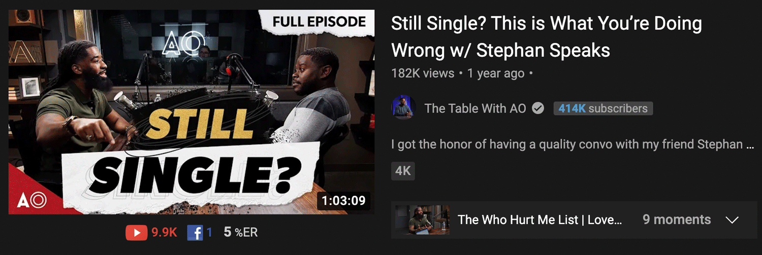 The Table with AO YouTube Channel featuring a video titled "Still Single?"