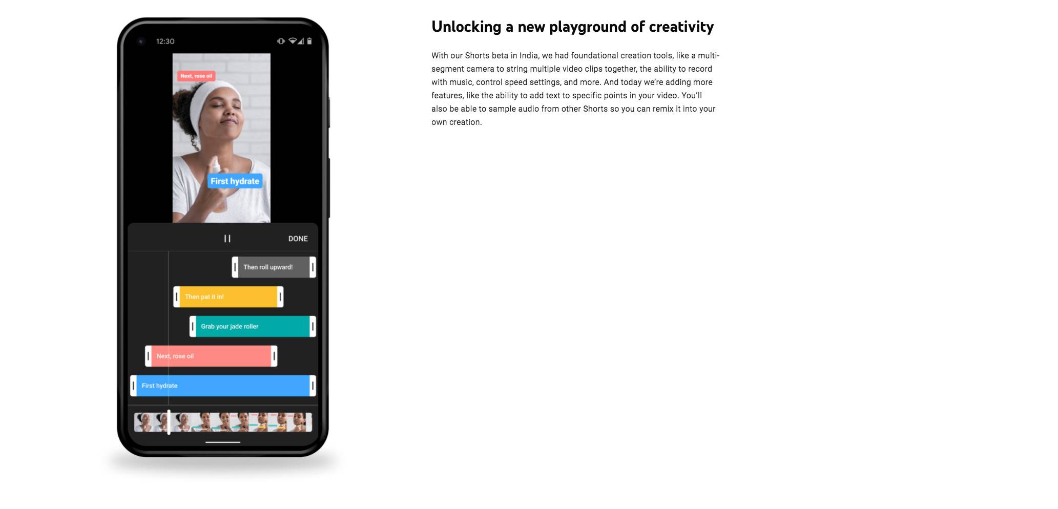 Video editing interface on smartphone showing timed text overlays on a skincare tutorial clip.