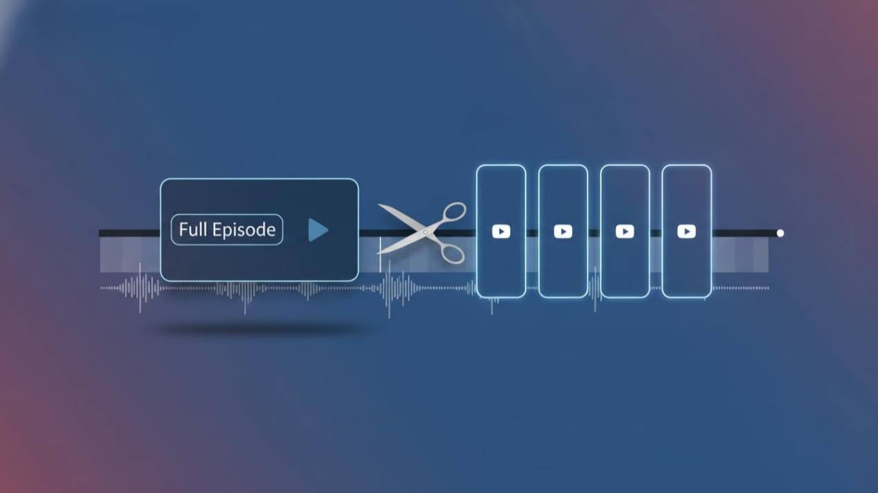 Illustration of a video editing timeline showing a full podcast episode being sliced into several YouTube Shorts, with glowing vertical clips