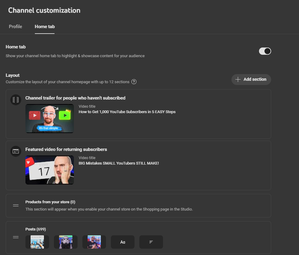 Home tab on channel customization