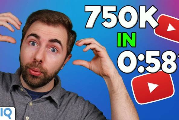 Man gestures with hands next to text about gaining 750K YouTube views in under one minute