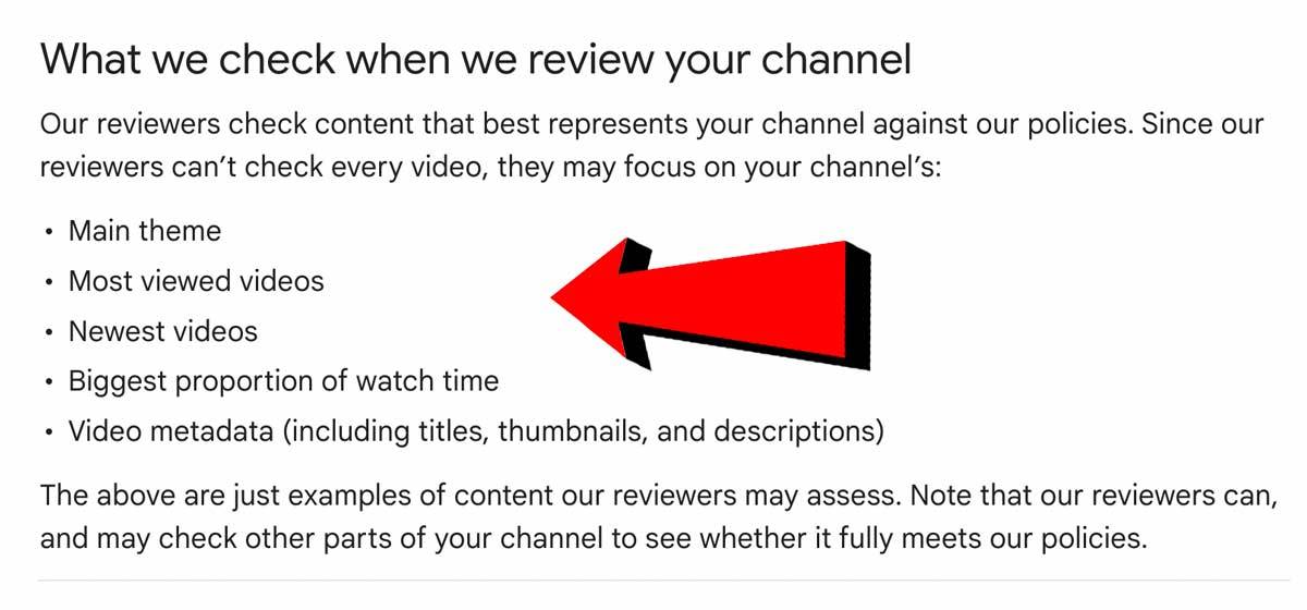 A screenshot of YouTube's policy about what they review on creators' channels