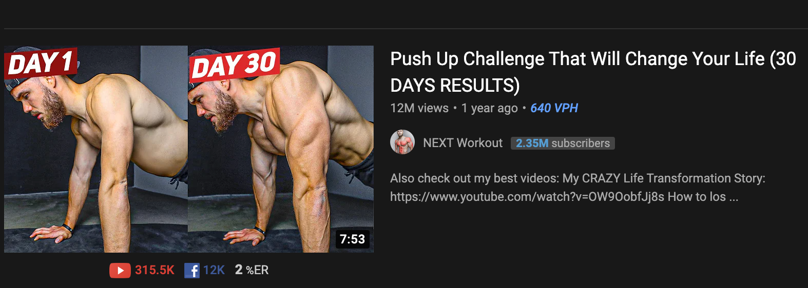 NEXT Workout YouTube Channel Featuring a video titled "Push Up Challenge That Will Change Your Life"