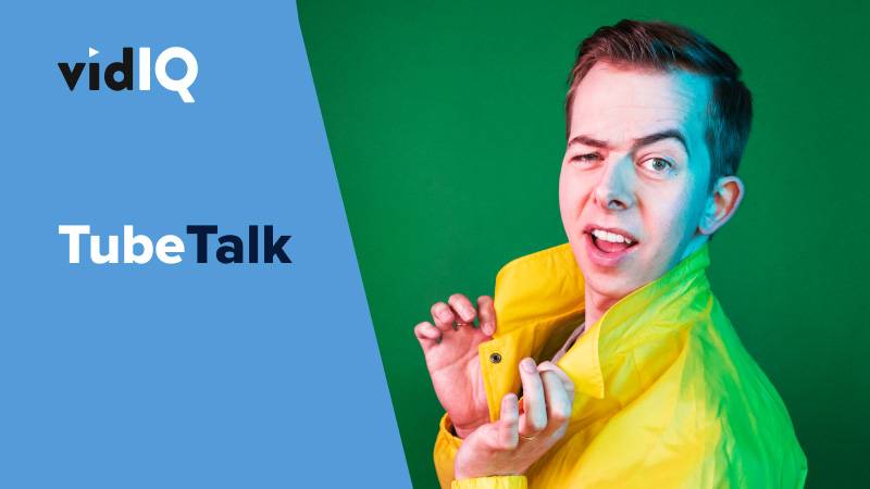 vidIQ TubeTalk logo with man in yellow jacket winking against green background