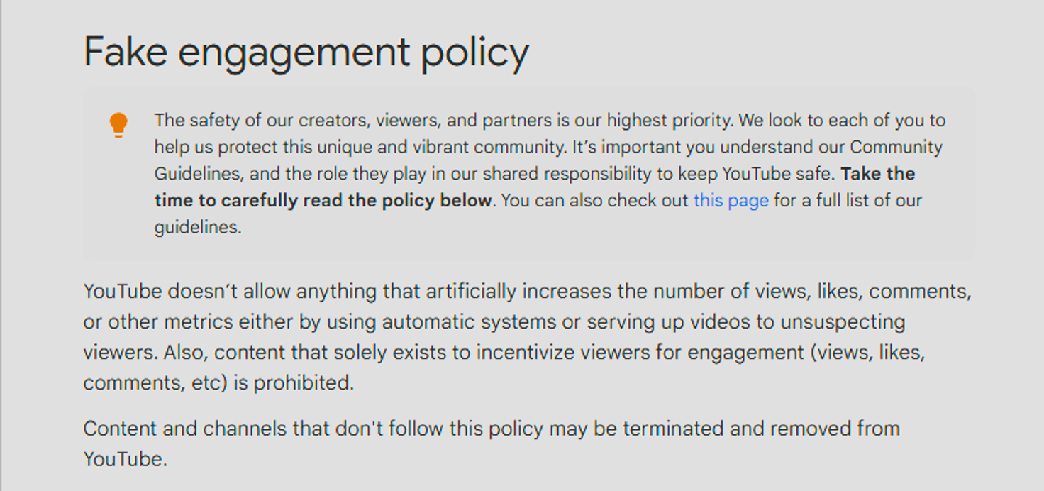 Google support doc on fake engagement policy on YouTube