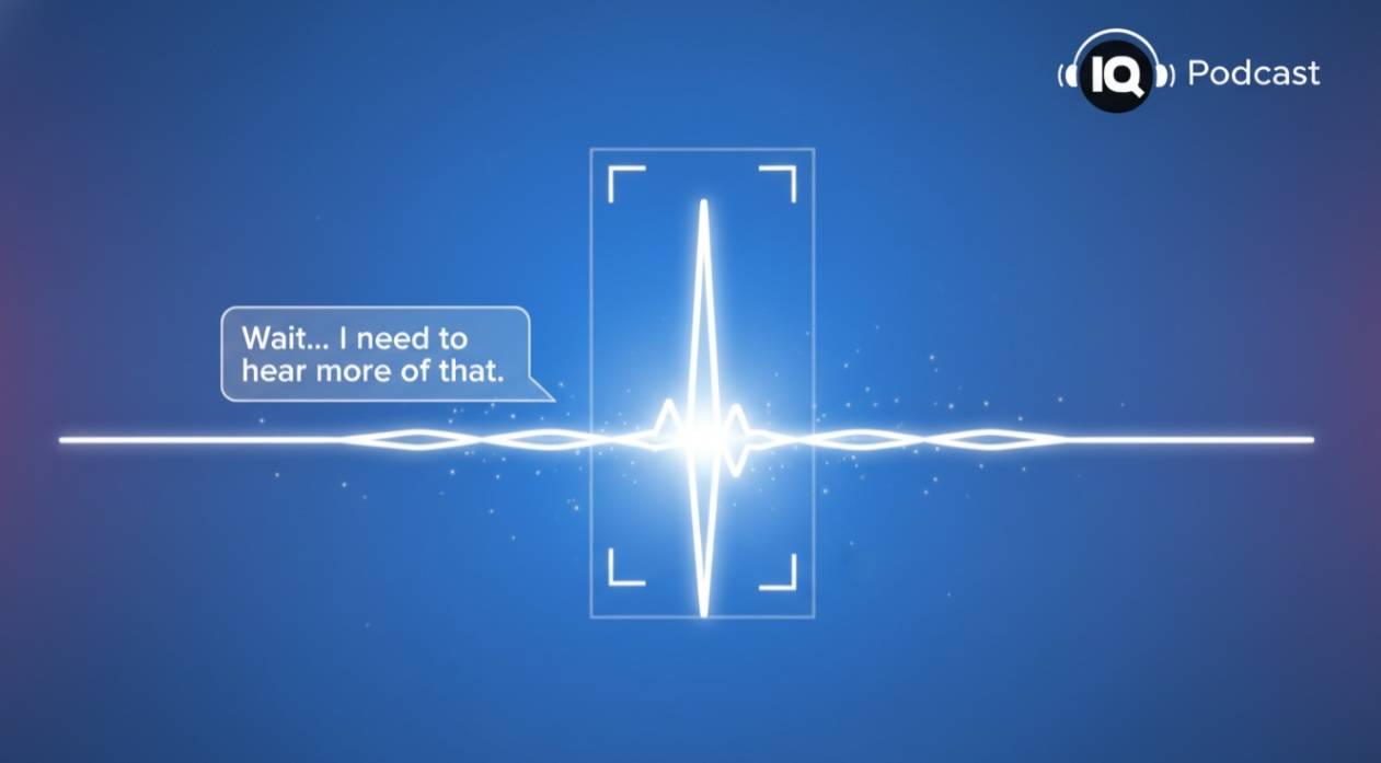 Digital artwork of an audio waveform with one highlighted spike representing a clip-worthy podcast moment, with a glowing YouTube Shorts frame above