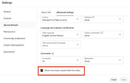 automatically hide likes in published videos in YouTube Studio