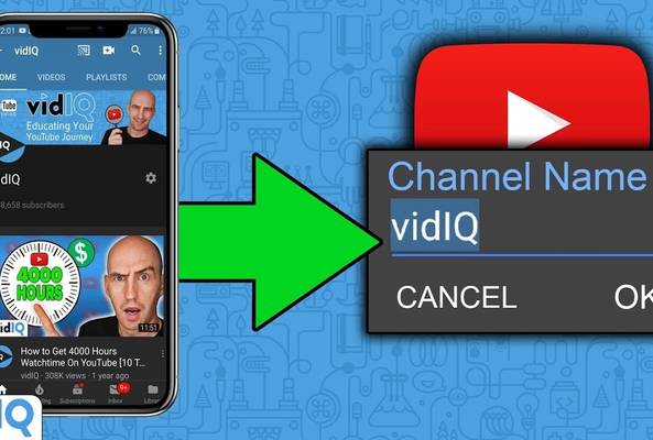 YouTube channel name change screen with vidIQ channel page on smartphone display.