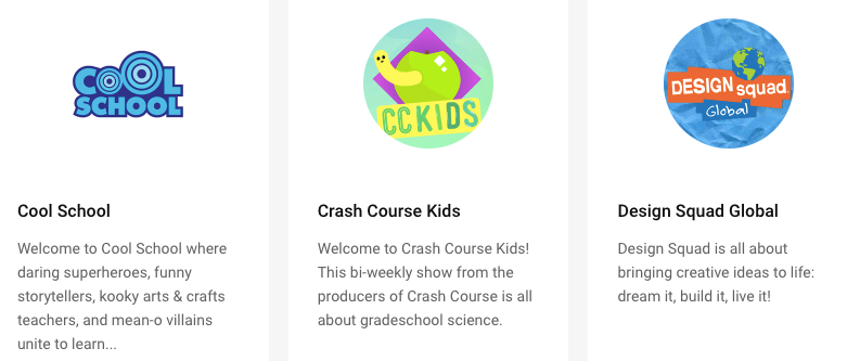 Logos of Cool School, Crash Course Kids, and Design Squad Global educational shows for kids.