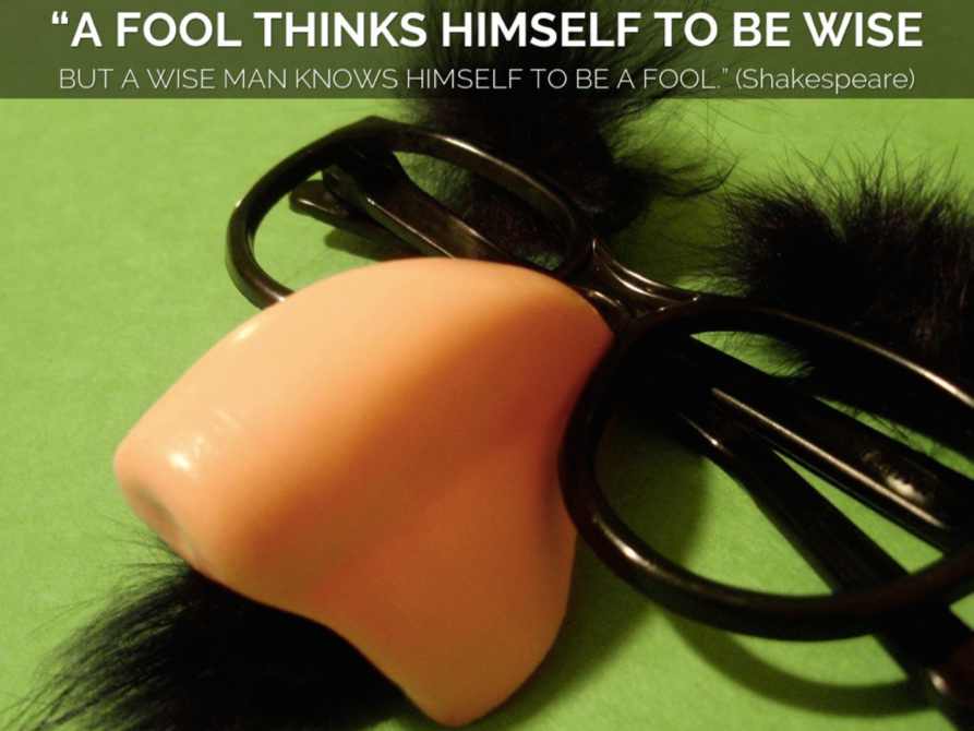 Funny disguise glasses with fake nose and mustache on green background with wisdom quote
