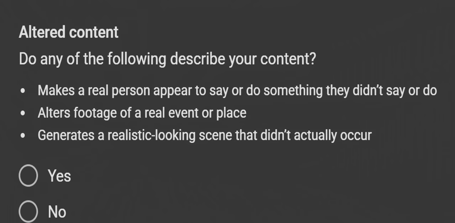 Altered content labeling on YouTube studio