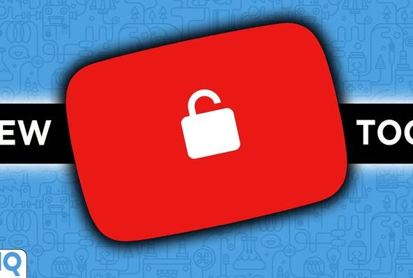 Red YouTube play button with unlocked padlock icon and words "New Tool" on blue background.