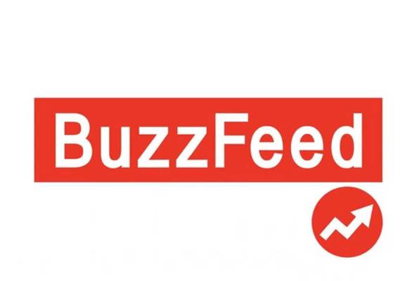 BuzzFeed logo with red background and upward trending arrow symbol for media brand