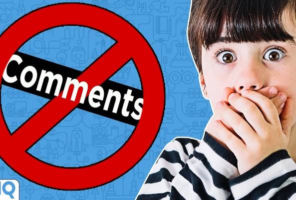 Child surprised with hands over mouth next to a no comments symbol on blue background