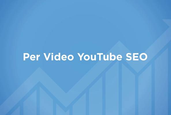 Blue background with upward graph arrow and bold text "Per Video YouTube SEO" centered