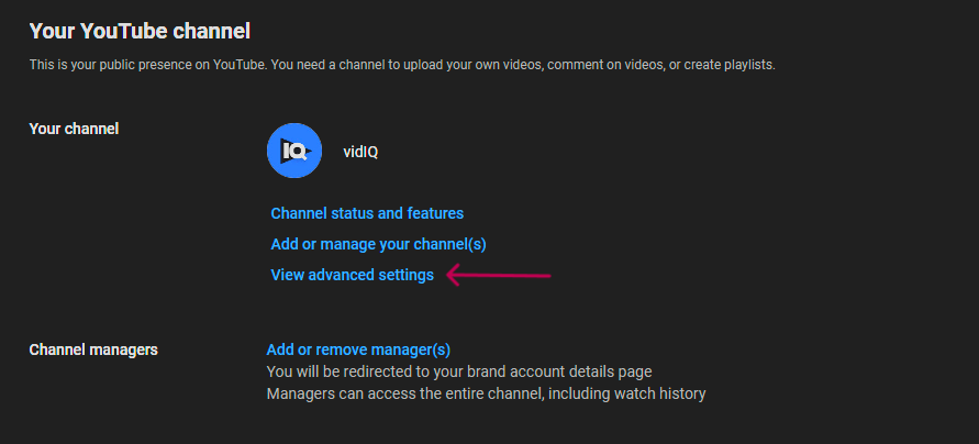 Advanced settings feature on YouTube account