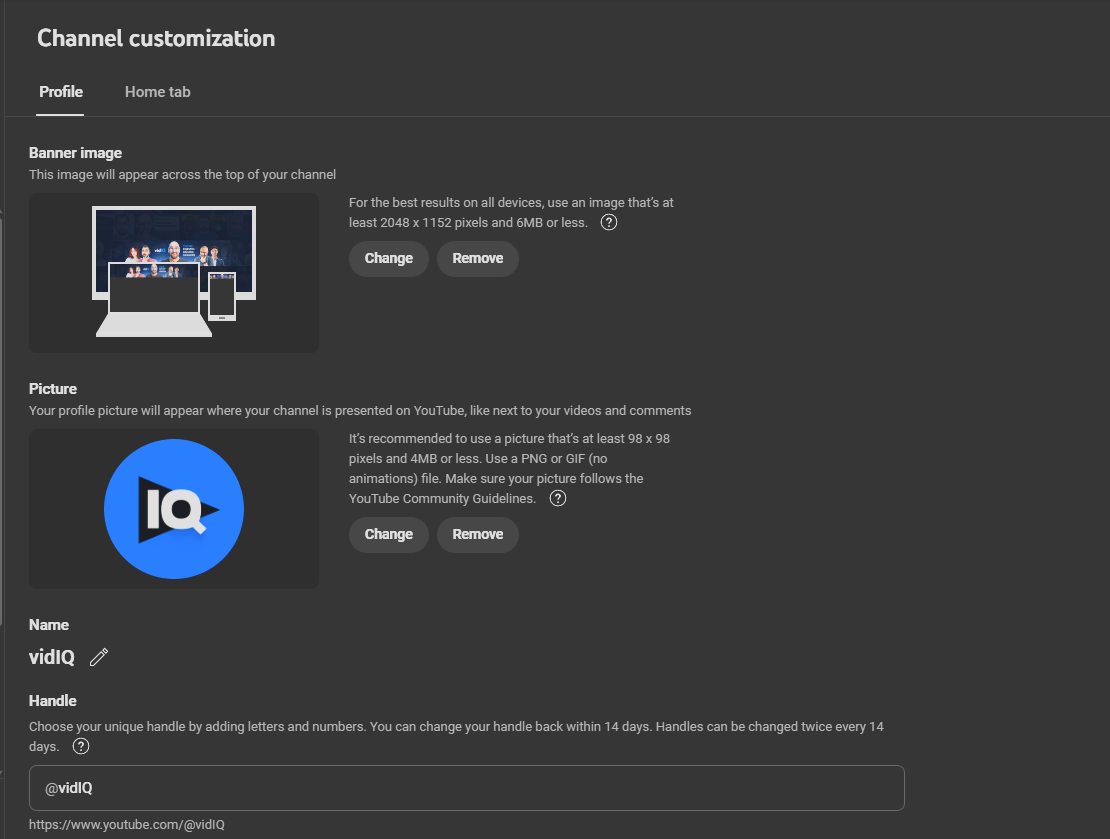 Profile tab in channel customization