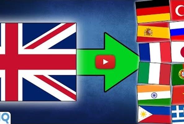 UK flag with arrow pointing to multiple international flags representing language translation