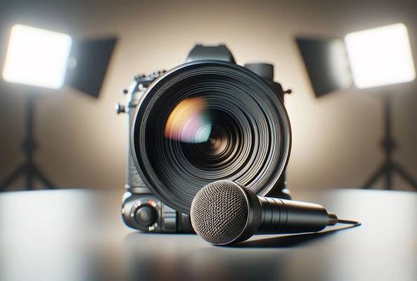 Professional camera lens and microphone with studio lighting for media production.
