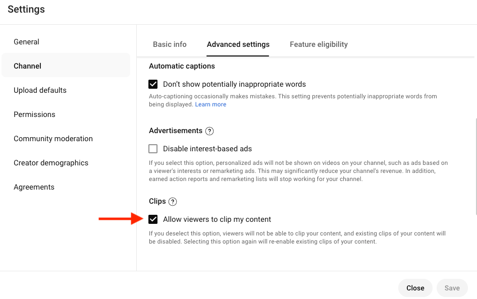 How to enable Clips in YouTube channel settings