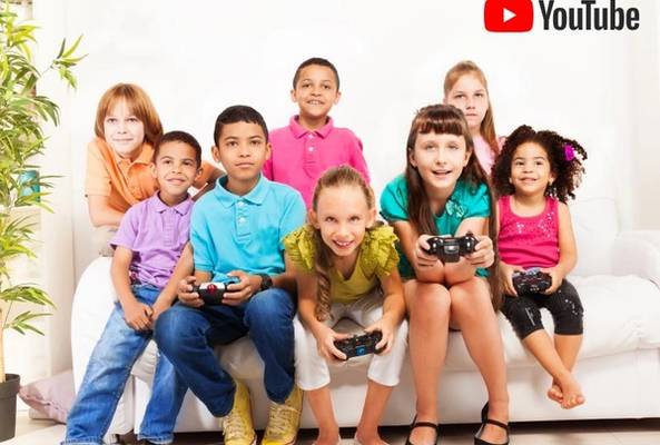 Group of diverse kids playing video games together with YouTube logo in background