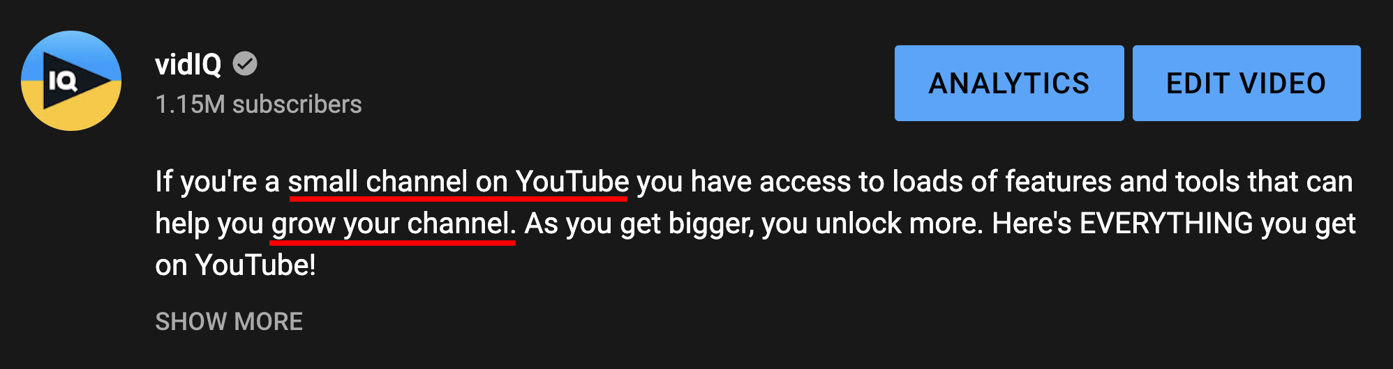 A YouTube video description with two keywords underlined: "Small channel on YouTube" and "grow your channel."