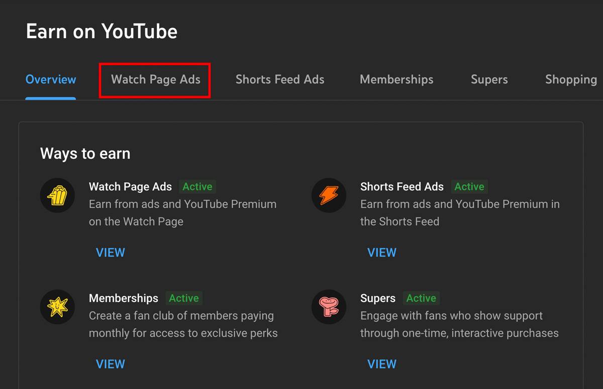 watch pages ads menu option