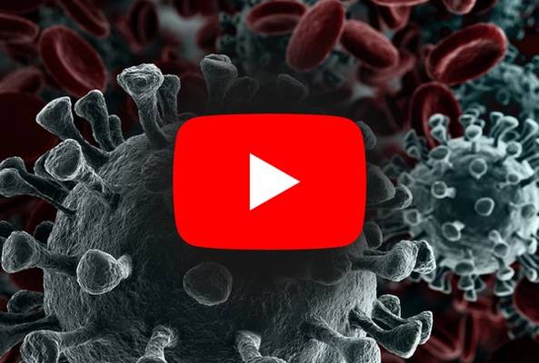 Microscopic view of coronavirus with red blood cells and YouTube play button overlay