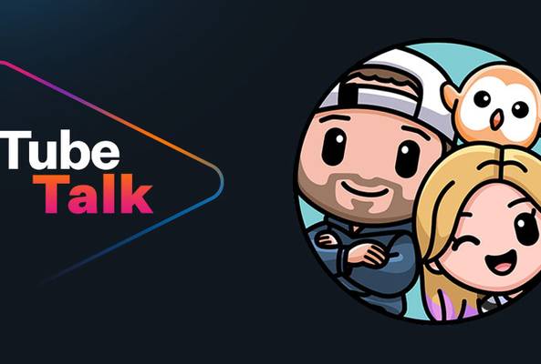Tube Talk logo with cartoon characters of a man, woman, and owl on dark background