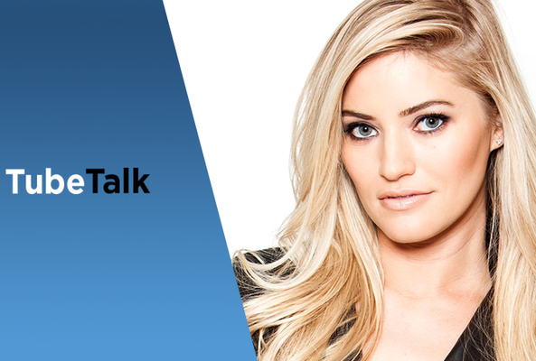 Tube Talk logo on blue background with portrait of confident blonde woman on white background