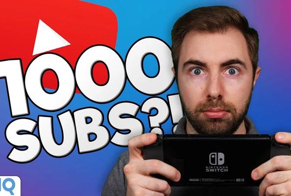 Man holding Nintendo Switch with YouTube icon and text "1000 Subs?!" in background