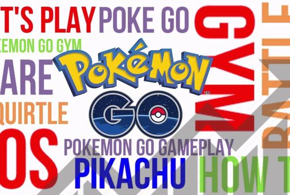 Pokémon Go logo surrounded by related keywords like gym, battle, Pikachu, and gameplay.