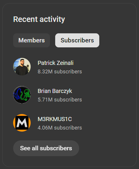 Recent activity tab on YouTube dashboard